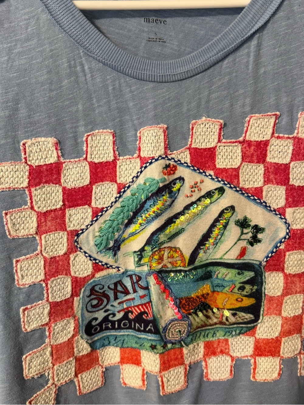 Anthropologie Light Blue Short-Sleeve Graphic Tee with Red Checkerboard - Picture 3 of 4